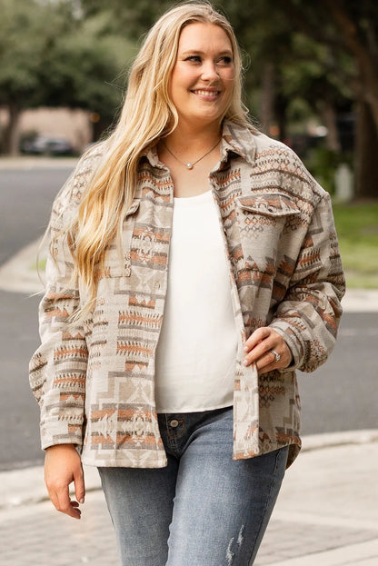 White Aztec Geometric Print Pockets Plus Size Jacket - Chic Meadow Boutique 