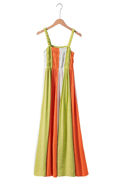 Green Color Block Shirred High Waist Fit and Flare Maxi Dress - Chic Meadow Boutique 