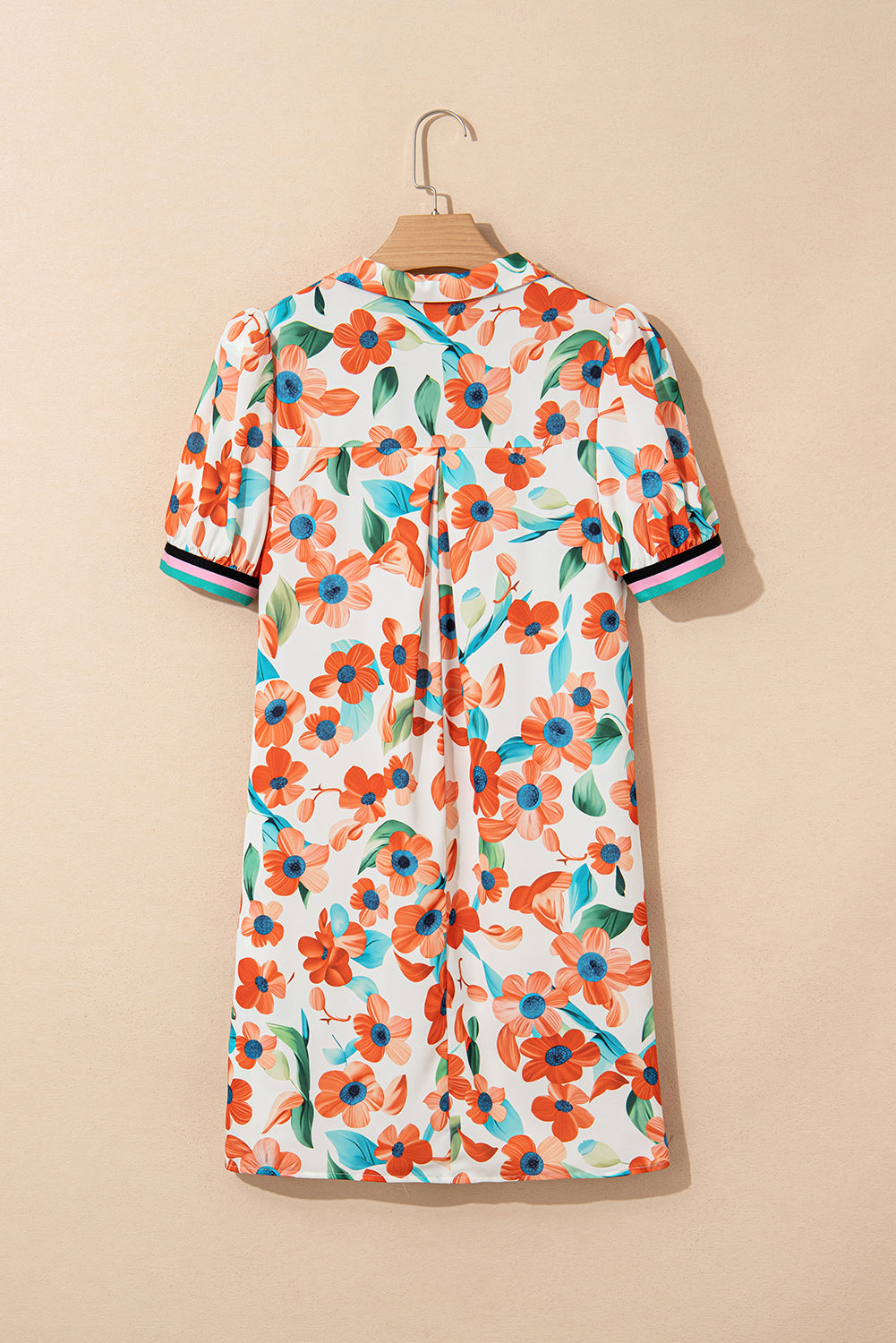 Orange Contrast Trim Floral Split Neck Puff Short Sleeve Tiered Mini Dress