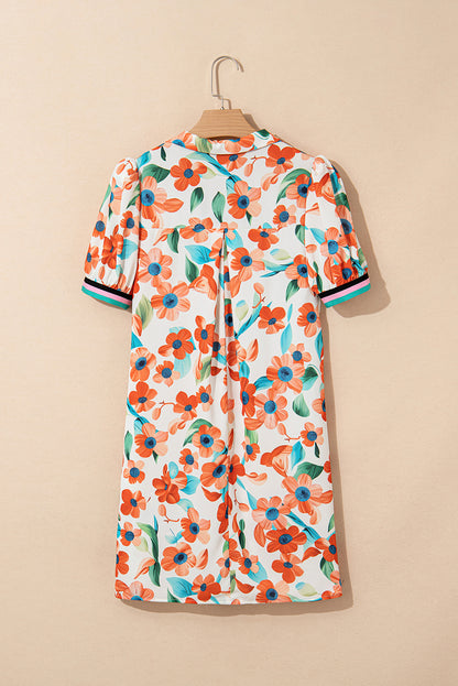 Orange Contrast Trim Floral Split Neck Puff Short Sleeve Tiered Mini Dress