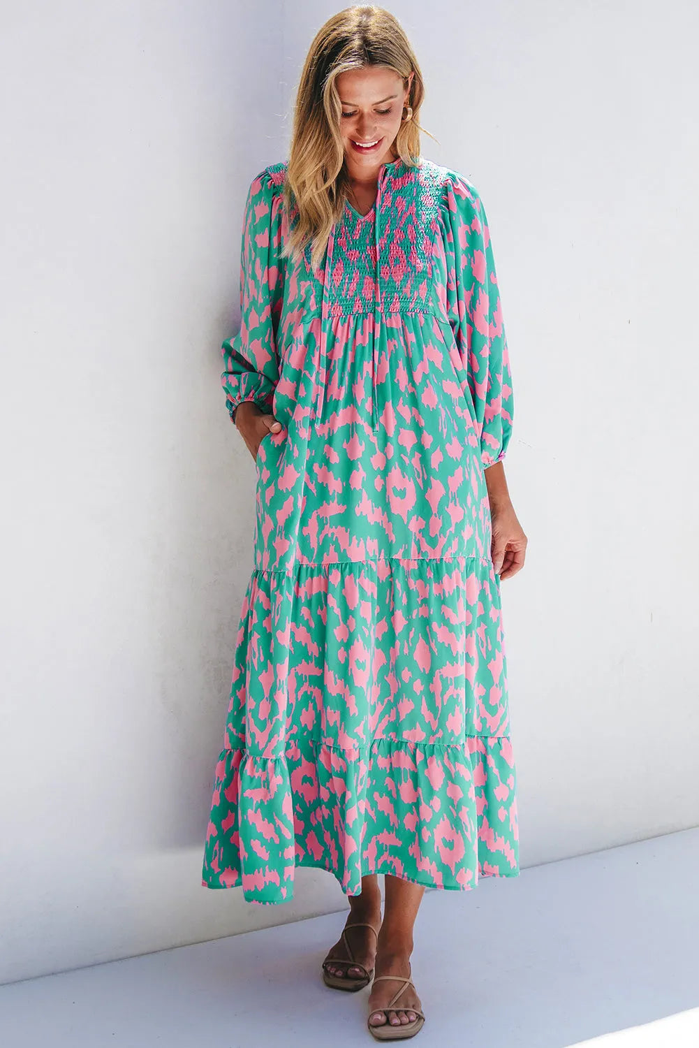 Green Abstract Print Puff Sleeve Tied Notched Neck Long Dress - Chic Meadow Boutique 