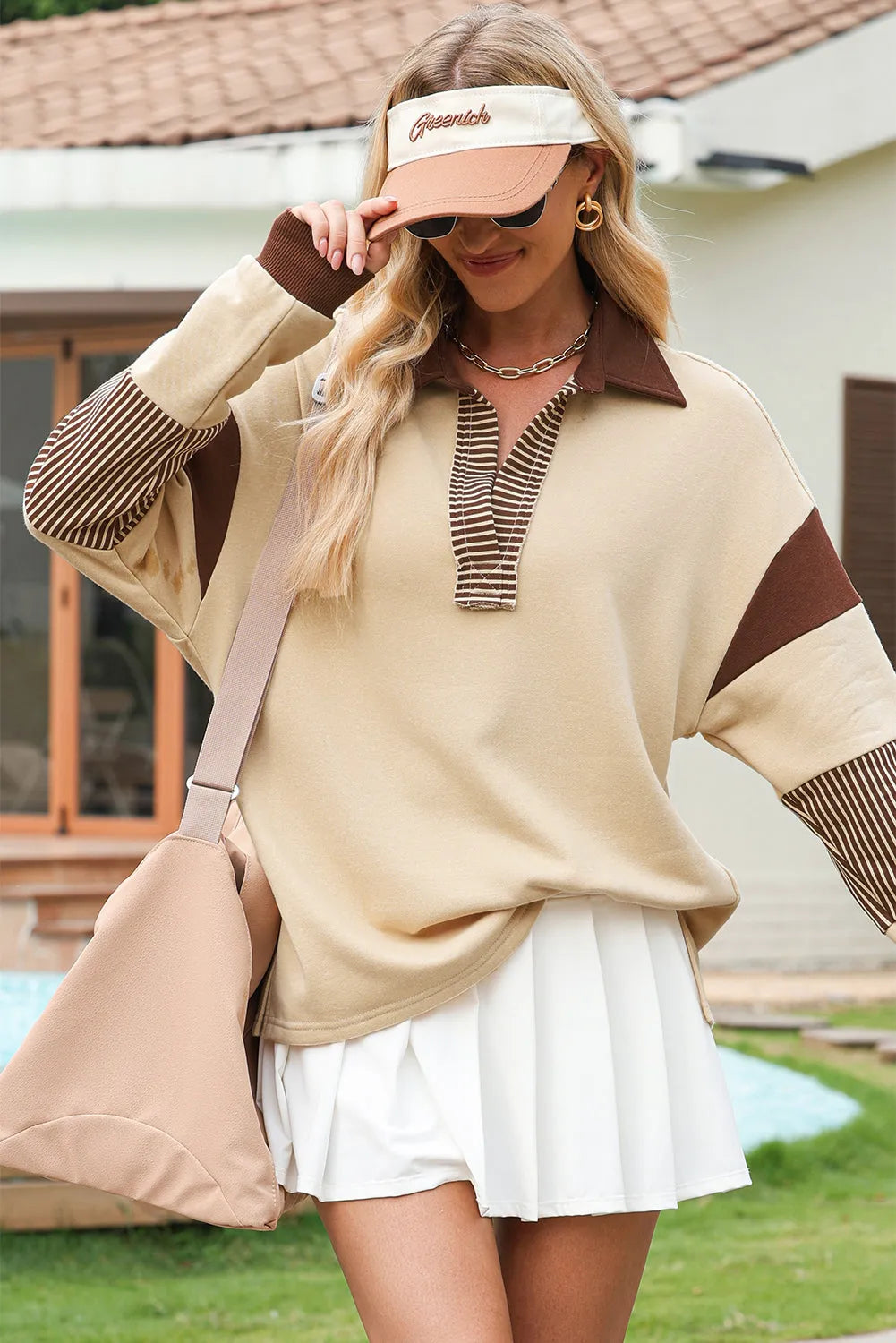 Light French Beige Striped Colorblock Patchwork Collar Sweatshirt - Chic Meadow Boutique 