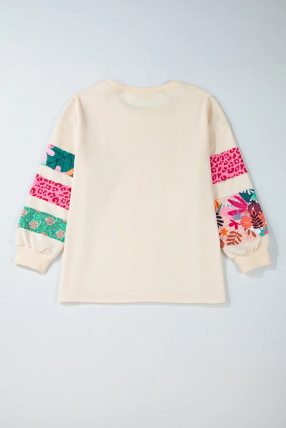 Beige Plus Size Printed Patchwork Sleeve Split Sweatshirt - Chic Meadow Boutique 