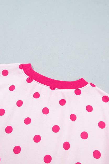 Pink Polka Dot Colorblock Round Neck Pullover Sweatshirt