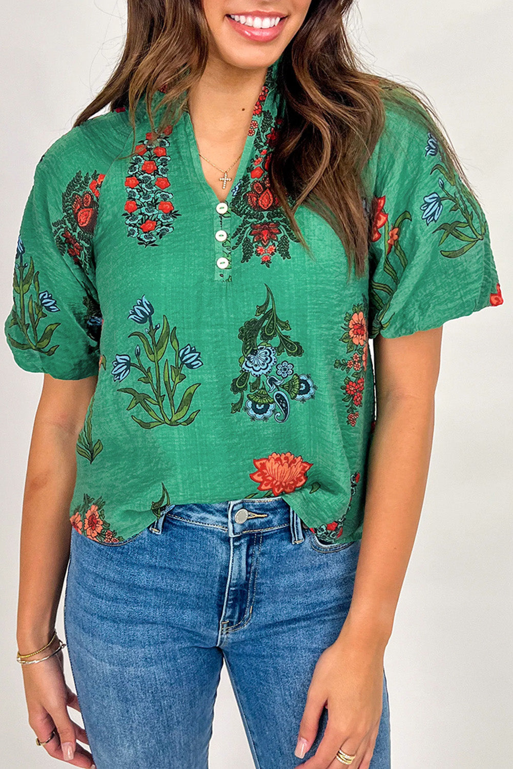 Bright Green Floral Print Buttoned V Neck Short Sleeve Blouse