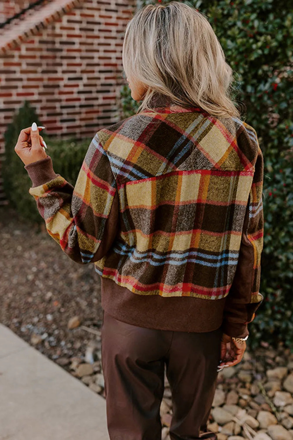 Brown Plaid Print Chest Pockets Button Zipper Stand Neck Jacket - Chic Meadow Boutique 