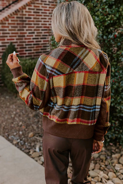 Brown Plaid Print Chest Pockets Button Zipper Stand Neck Jacket - Chic Meadow Boutique 