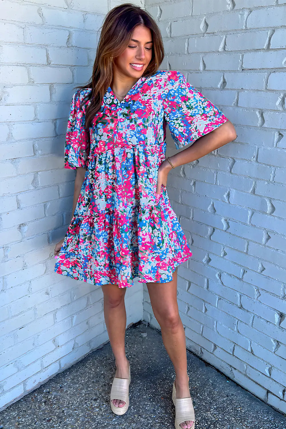 Multicolour Floral Short Sleeve V Neck Tiered Mini Dress - Chic Meadow Boutique 