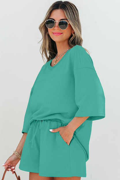 Sea Green Solid Loose V Neck Half Sleeve Tee and Shorts
