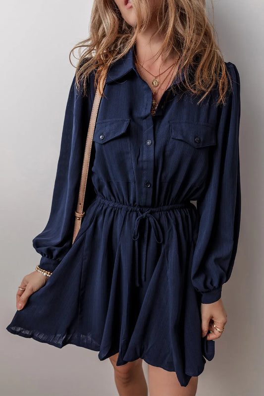 Navy Blue Solid Chest Pockets Tunic Shirt Mini Dress - Chic Meadow Boutique 