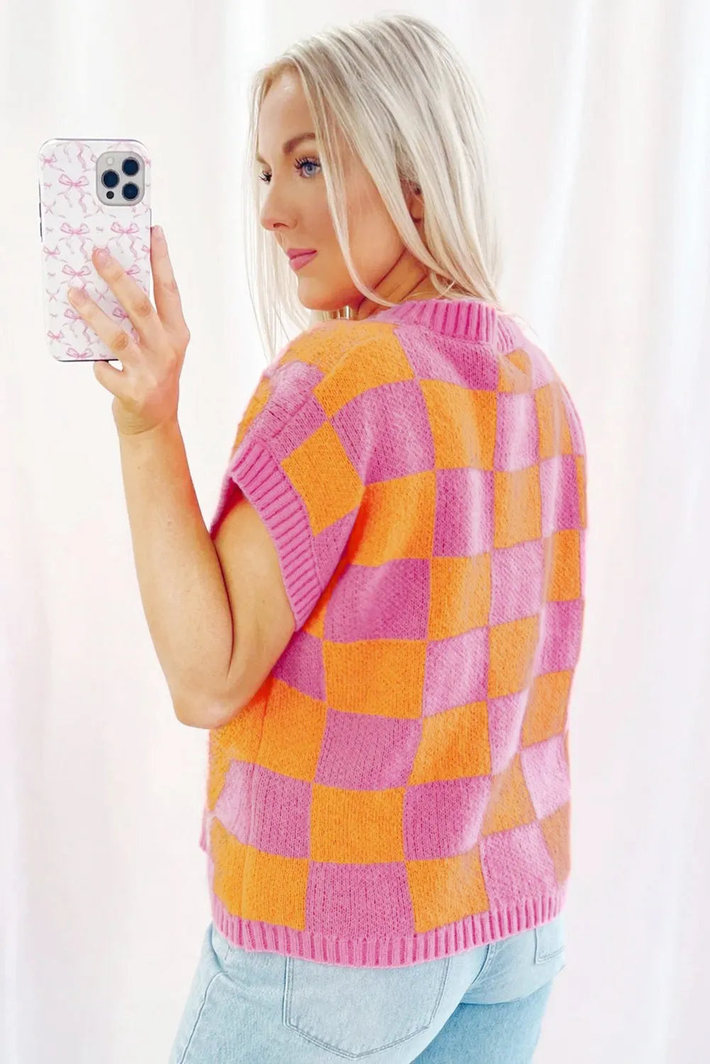 Strawberry Pink Colorblock Plaid Pattern Ribbed Trim Sweater Tank Top - Chic Meadow Boutique 