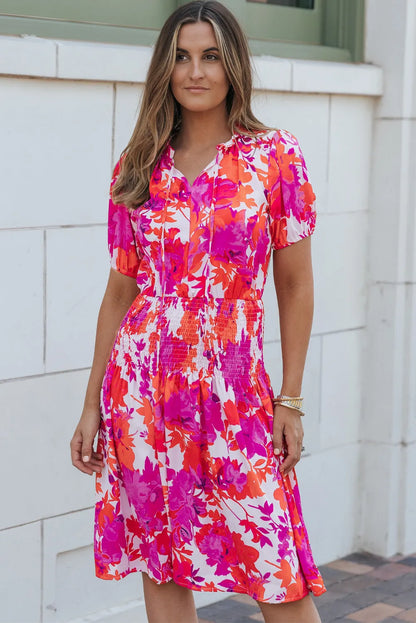 Rose Floral Smocked Waist Bubble Sleeve Flare Dress - Chic Meadow Boutique 