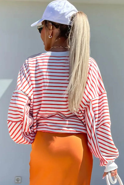 Orange Stripe Drop Shoulder Crew Neck Loose Sweatshirt - Chic Meadow Boutique 