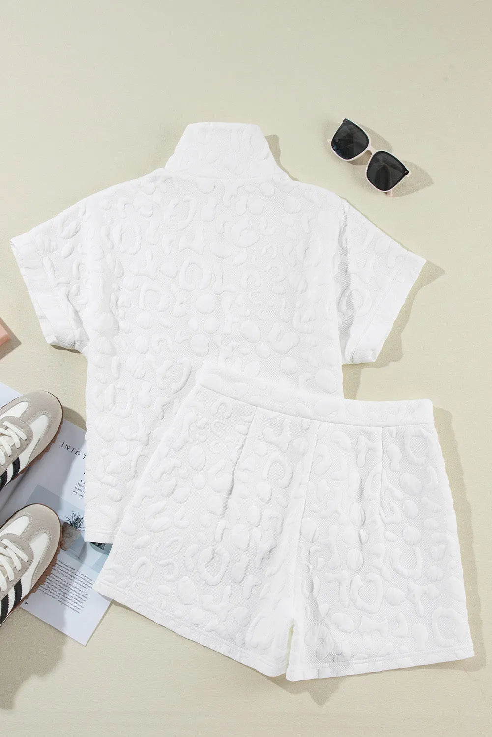 White Leopard Jacquard Quarter Zip Tee and Shorts Set - Chic Meadow Boutique 