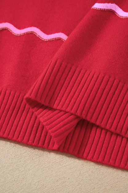 Red Stripe Striped Round Neck Long Sleeve Shift Pullover Sweater