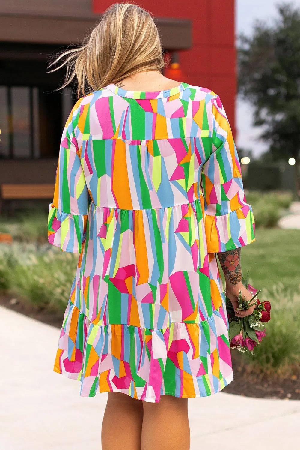 Plus Size/Plus Size Dresses/Plus Size Mini Dresses Multicolour Plus Size Vibrant Abstract Print Tiered Ruffled Mini Dress