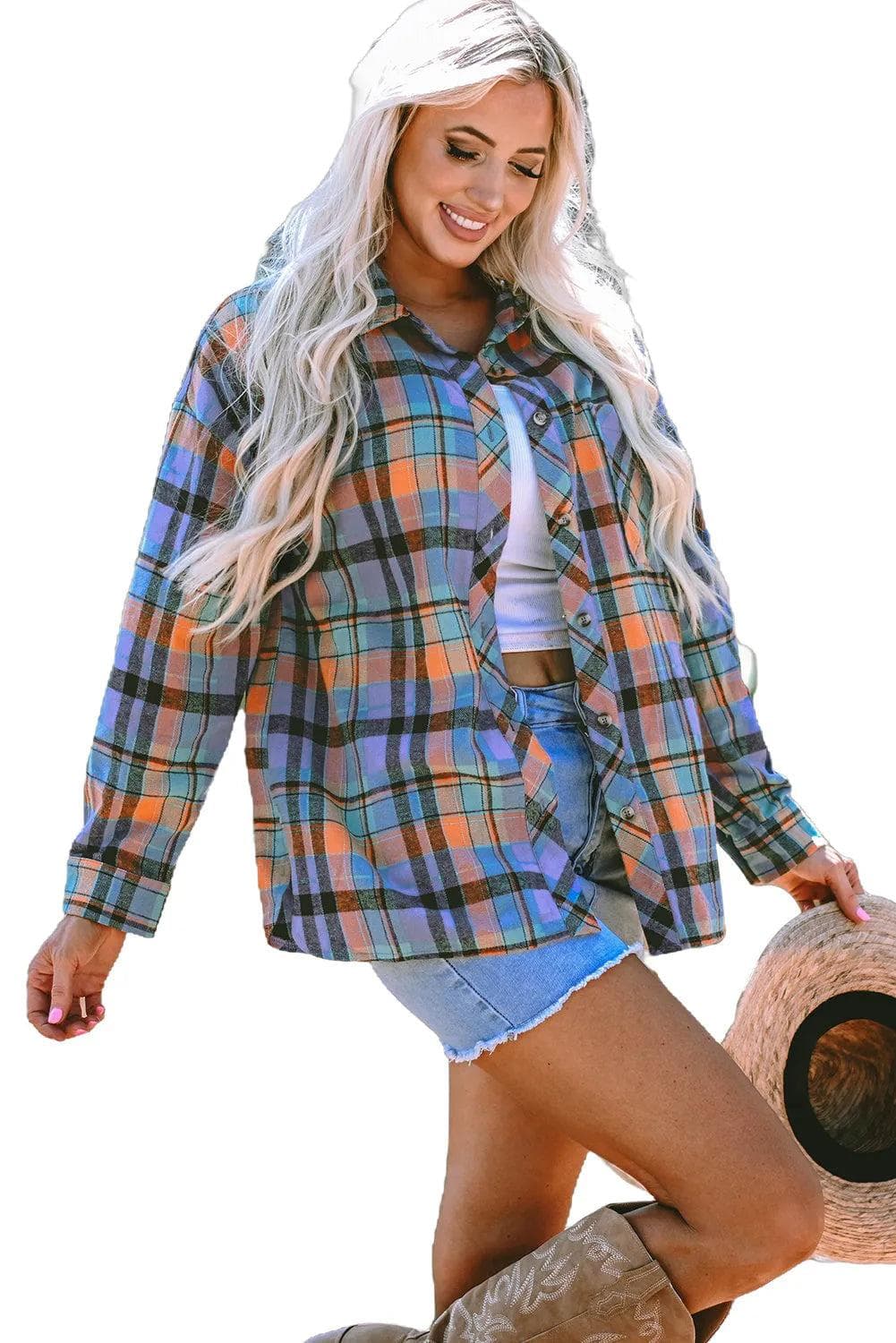 Tops/Blouses & Shirts Orange Plaid Print Loose Vintage Shirt