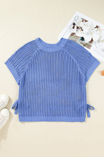 Ashleigh Blue Plus Size Open Knit Bow Tie Short Sleeve Sweater