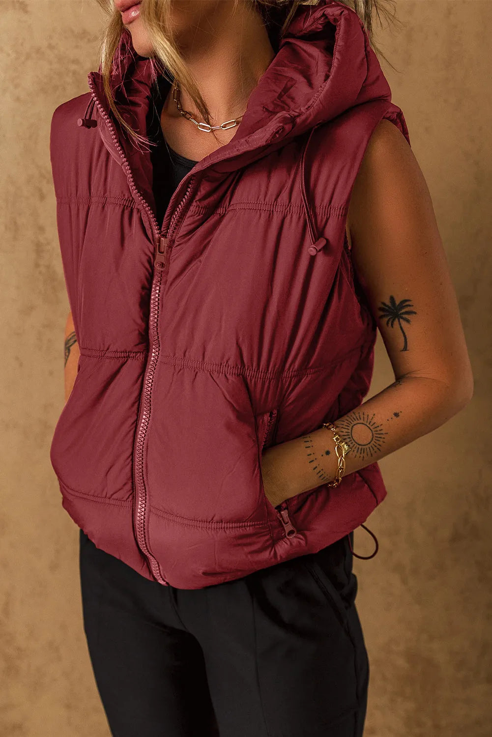 Clay Zip-up Side Pockets Hooded Puffer Vest - Chic Meadow Boutique 