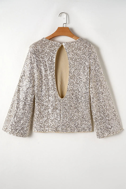 Silvery Sequin Puff Sleeve Cutout Back Blouse - Chic Meadow Boutique 