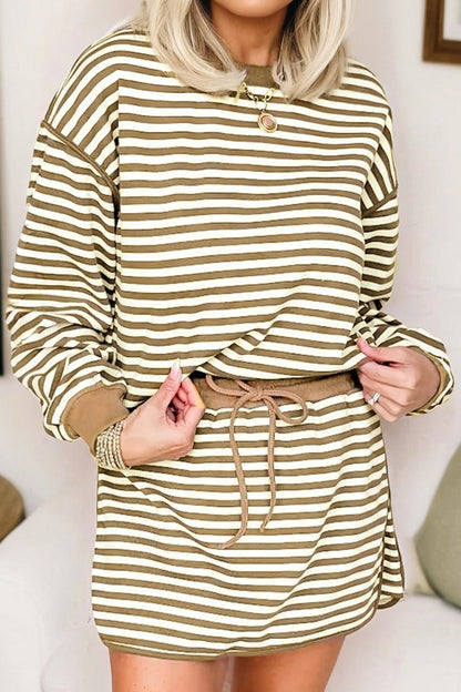 Brown Stripe Textured Drop Shoulder Pullover Top Drawstring Mini Skirt Two Piece Dress Set