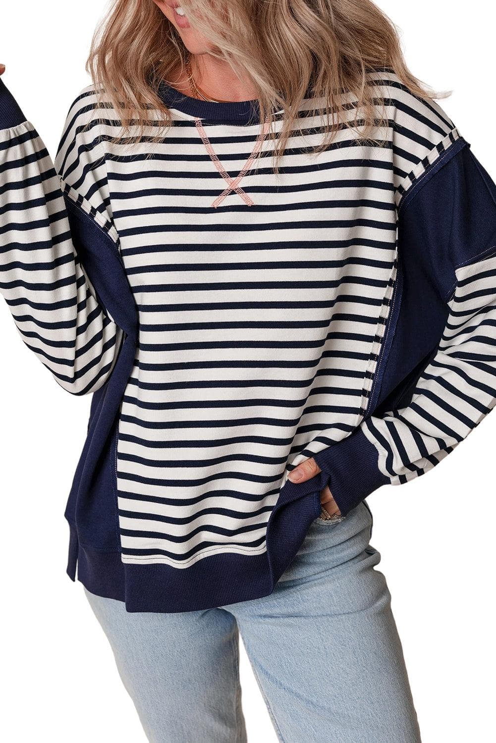 Tops/Sweatshirts & Hoodies White Stripe Color Block Exposed Seam Loose Fit Sweatshirt