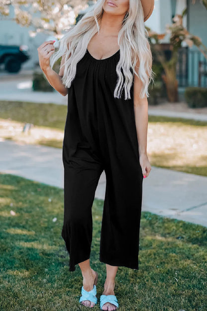 Black Spaghetti Straps Wide Leg Pocketed Jumpsuits - Chic Meadow Boutique 