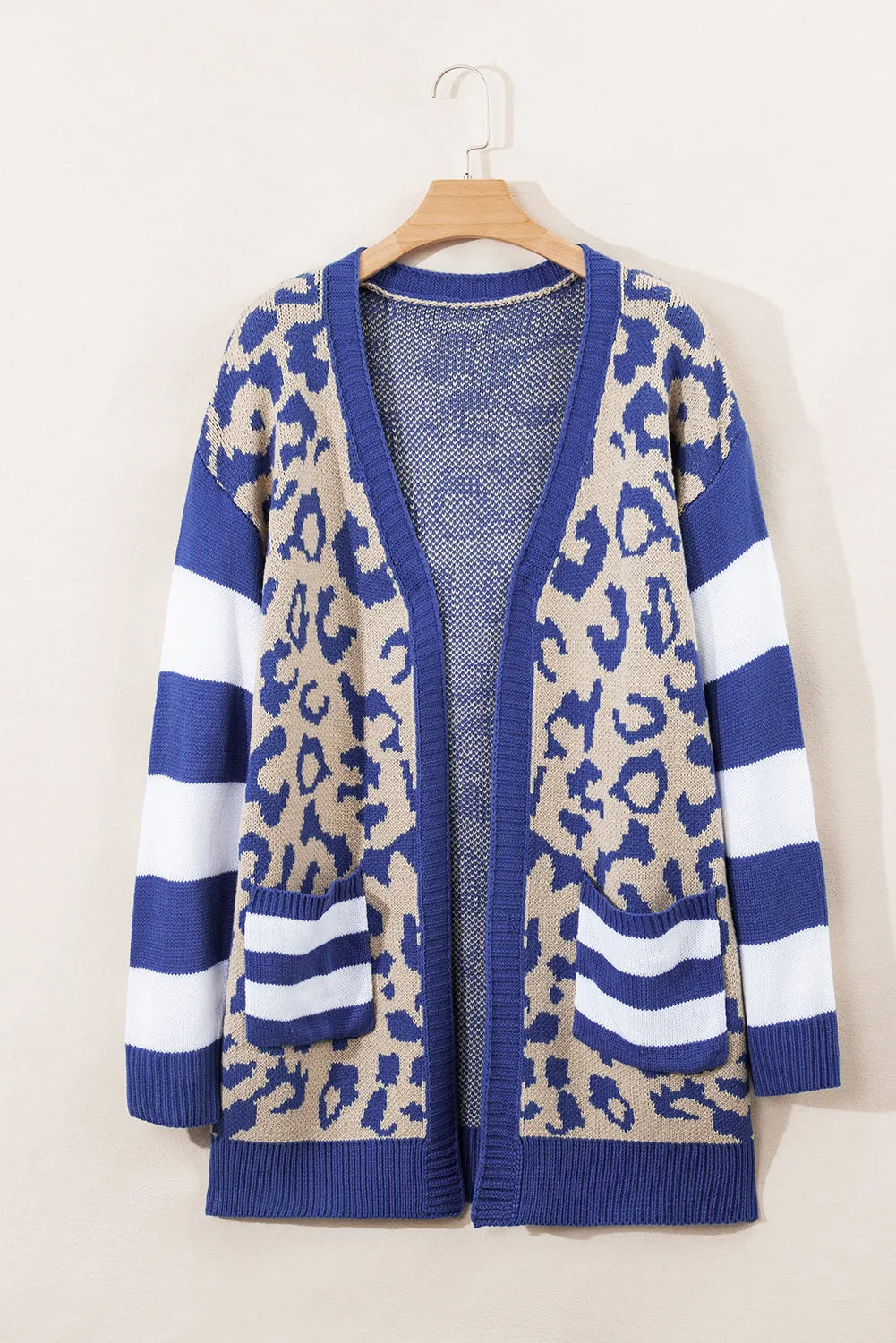 Dark Blue Stripe Sleeve Leopard Print Open Front Cardigan With Pockets - Chic Meadow Boutique 