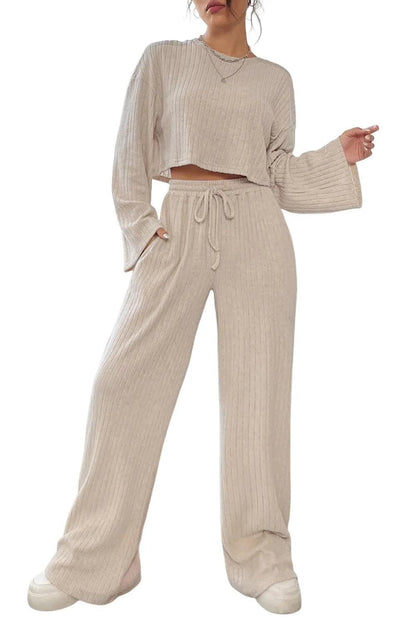 Two Piece Sets/Pant Sets Khaki Ribbed Knit Bell Sleeve Crop Top Drawstring Pants Set