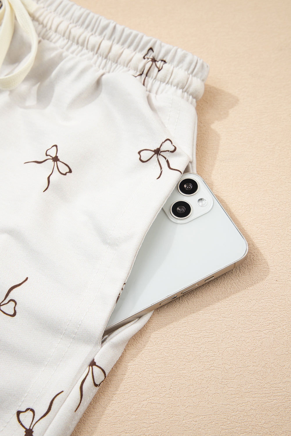 Beige Bow Print Half Zip Tank and Shorts 2pcs Set