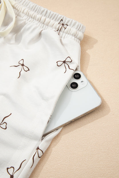 Beige Bow Print Half Zip Tank and Shorts 2pcs Set