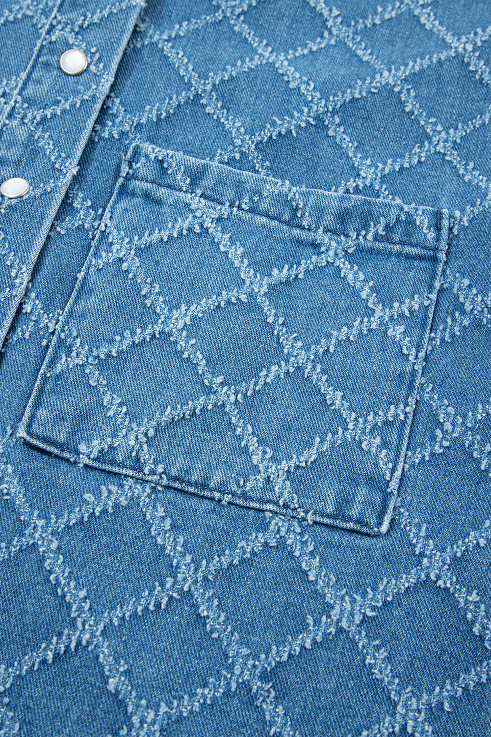 Dusk Blue Checkered Textured Short Sleeve Patched Pocket Denim Shirt