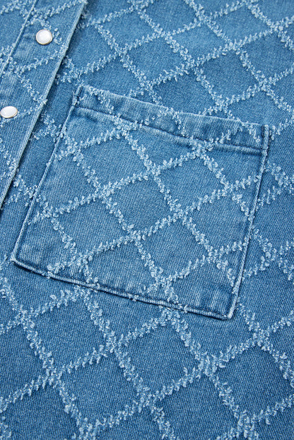 Dusk Blue Checkered Textured Short Sleeve Patched Pocket Denim Shirt