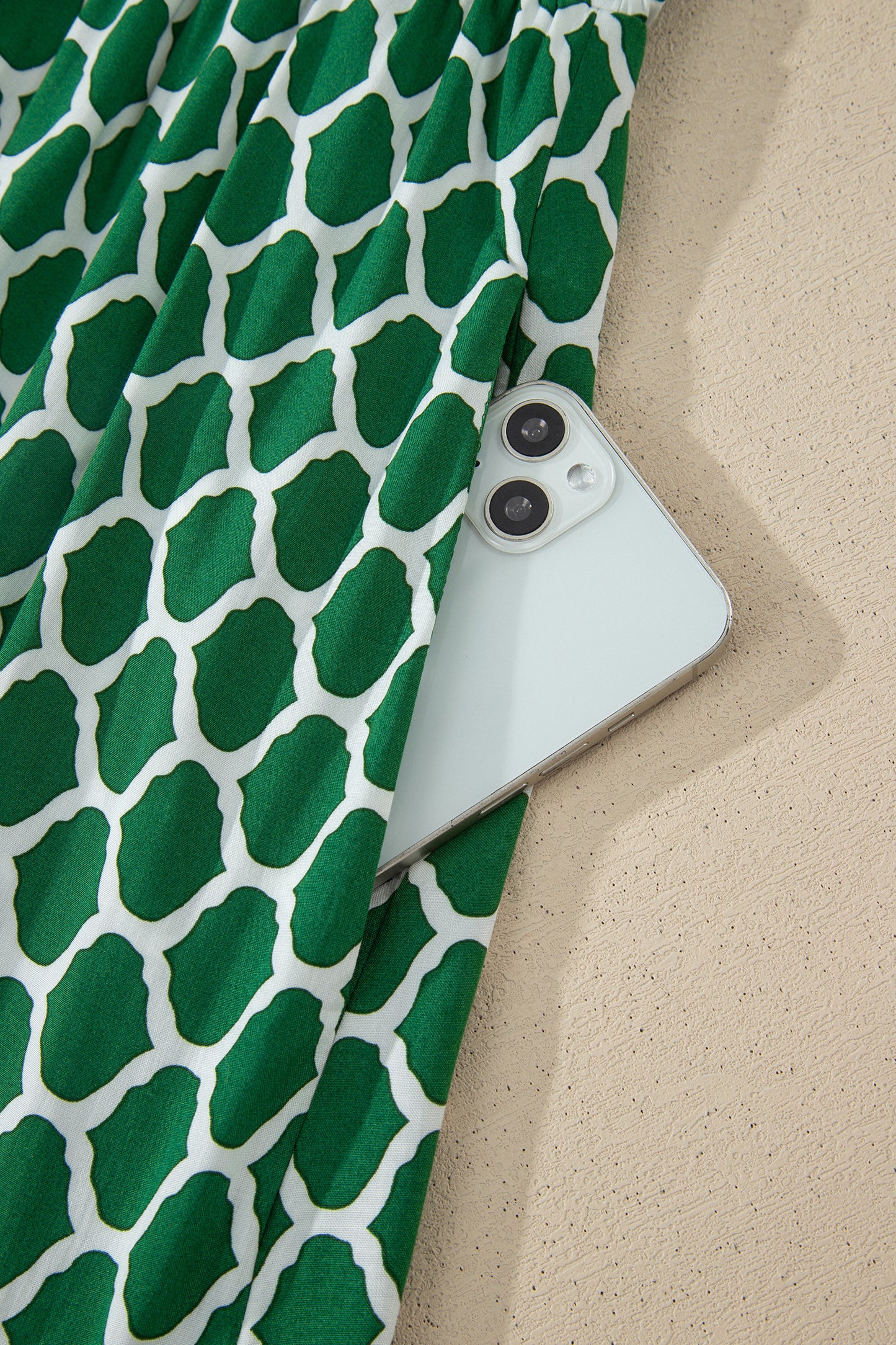 Green Plus Size Geometric Print Pocketed Ruffle Hem Casual Dress