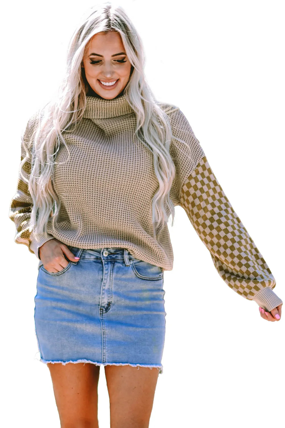 Smoke Gray Striped Plaid Patchwork Waffle Knit Turtleneck Sweater - Chic Meadow Boutique 