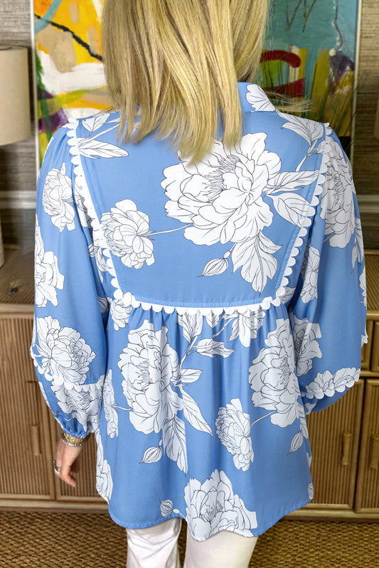 Sky Blue Floral Ricrac Trim Collared Puff Sleeve Loose Blouse