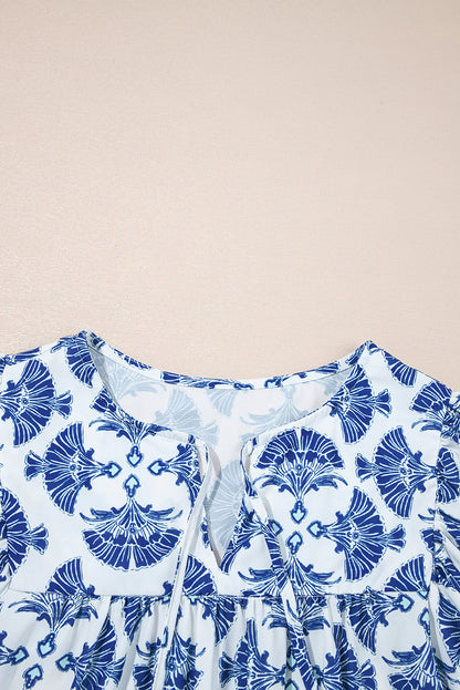 Sky Blue Geometric Print Tassel Drawstring V Neck Blouse