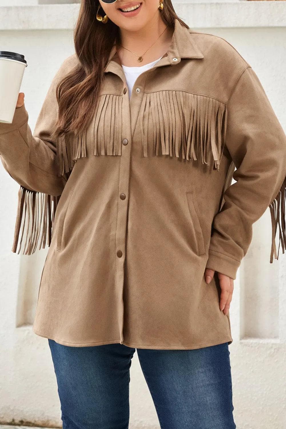 Plus Size/Plus Size Outerwear Khaki Fringe Trim Plus Size Suede Shacket