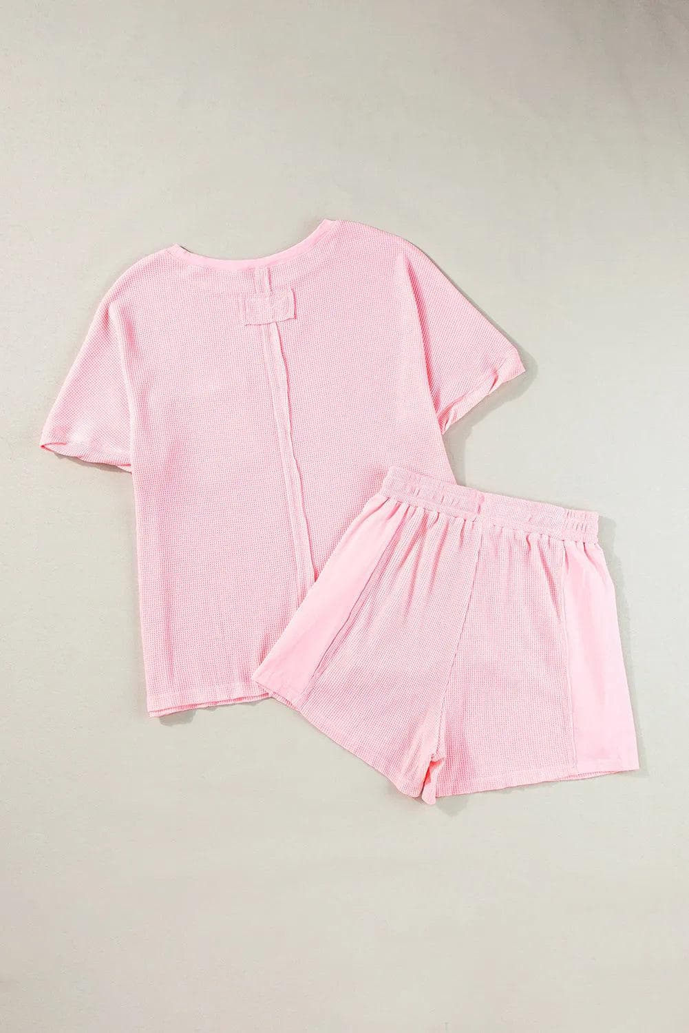 Two Piece Sets/Short Sets Light Pink Waffle Knit Oversize Tee and Shorts Set