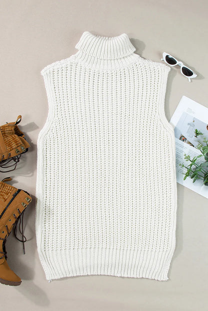 White Turtleneck Knitted Slit Hem Sweater Vest - Chic Meadow Boutique 