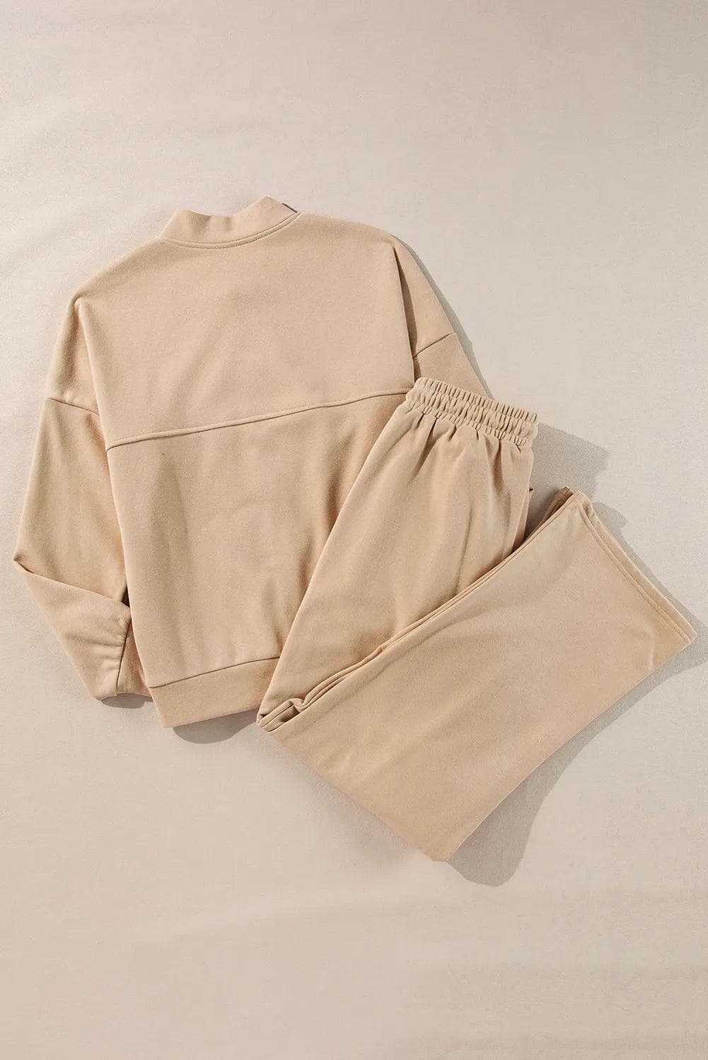 Two Piece Sets/Pant Sets Apricot Solid Seamed Zipper Jacket and Drawstring Waist Pants Set