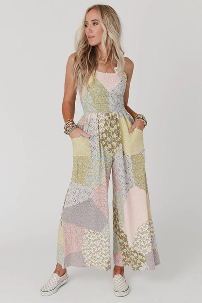 Multicolor Irregular Patchwork Print Smocked Wide Leg Jumpsuit - Chic Meadow Boutique 