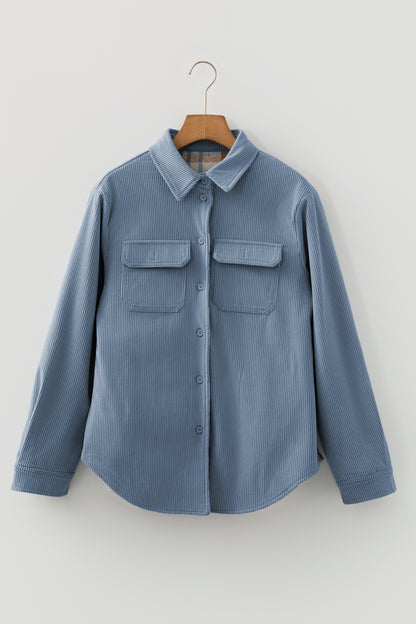Stone Blue Plaid Corduroy Reversible Button Up Shacket