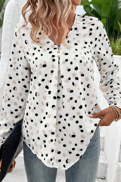 White Polka Dot Print Button Front V Neck Blouse - Chic Meadow Boutique 