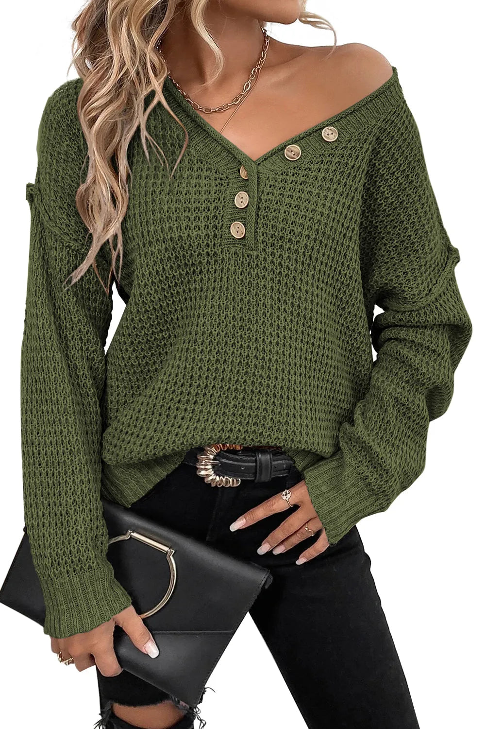 Pickle Green Pointelle Knit Button V Neck Drop Shoulder Sweater - Chic Meadow Boutique 