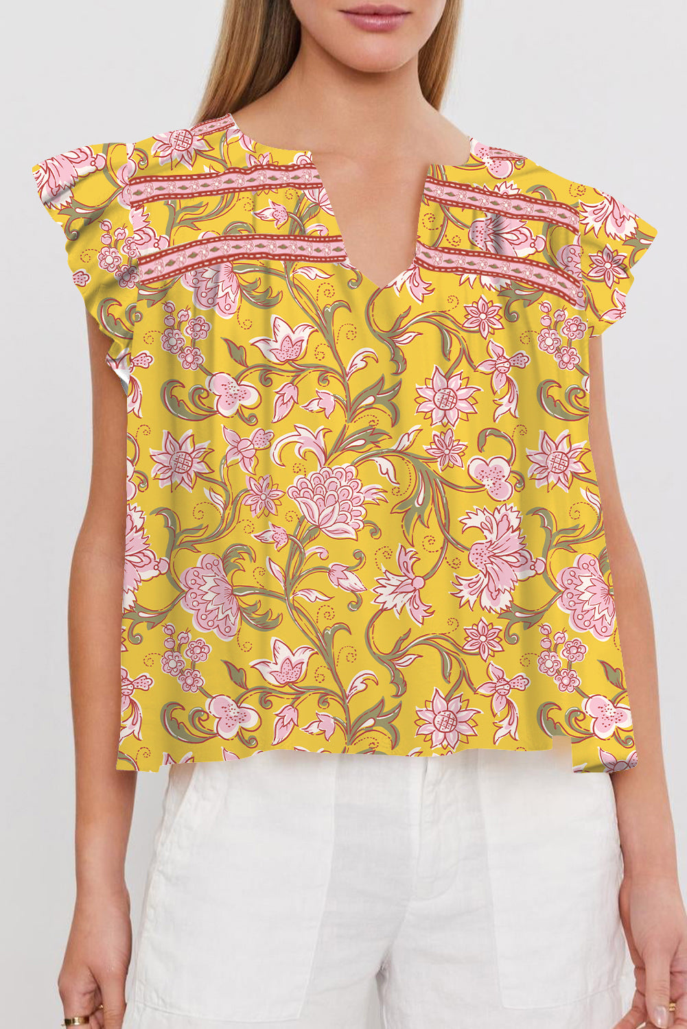 Yellow Floral Notched Neck Ruffled Sleeve Casual Blouse