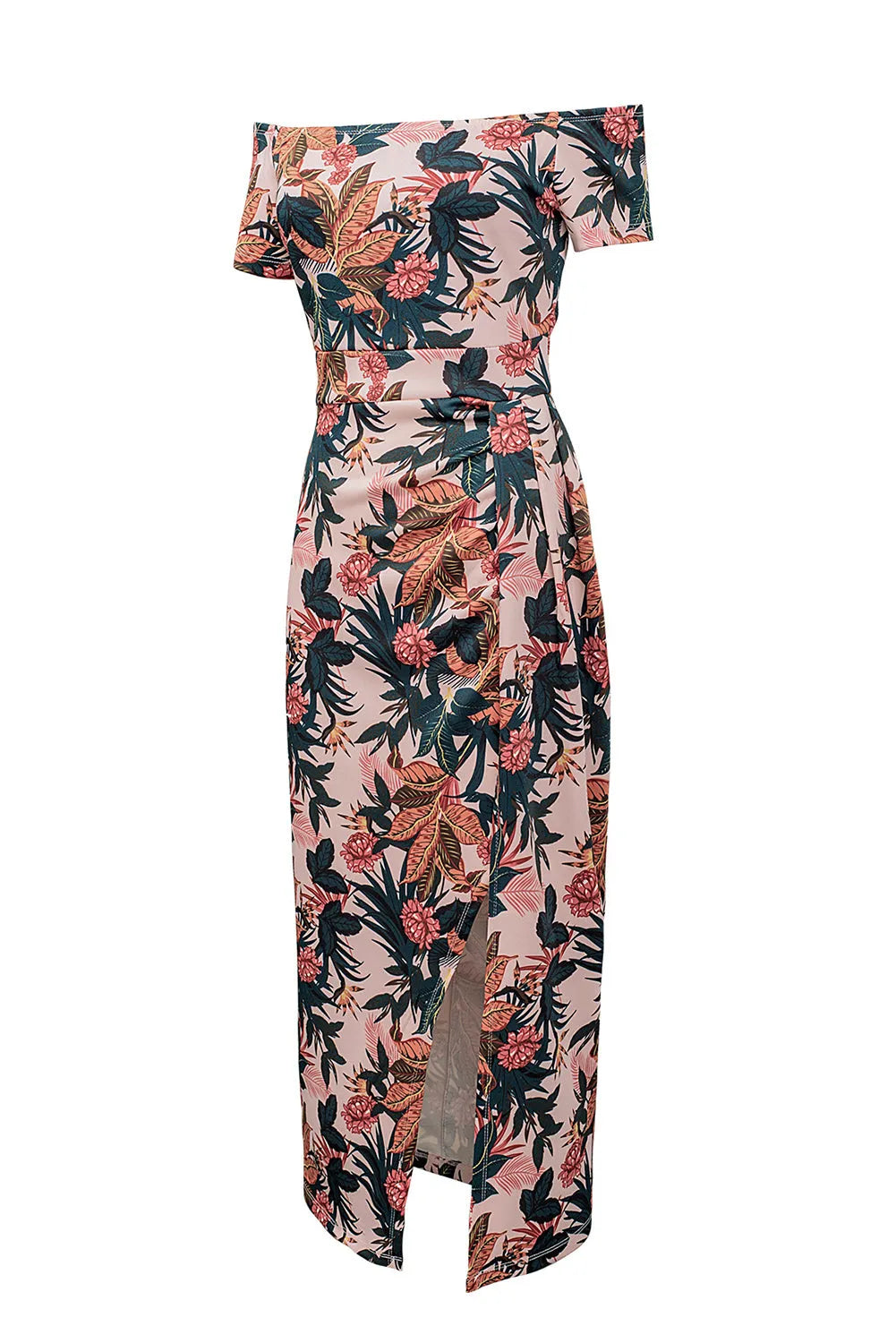 Pink Pattern Print Off Shoulder Slit Bodycon Midi Dress - Chic Meadow Boutique 