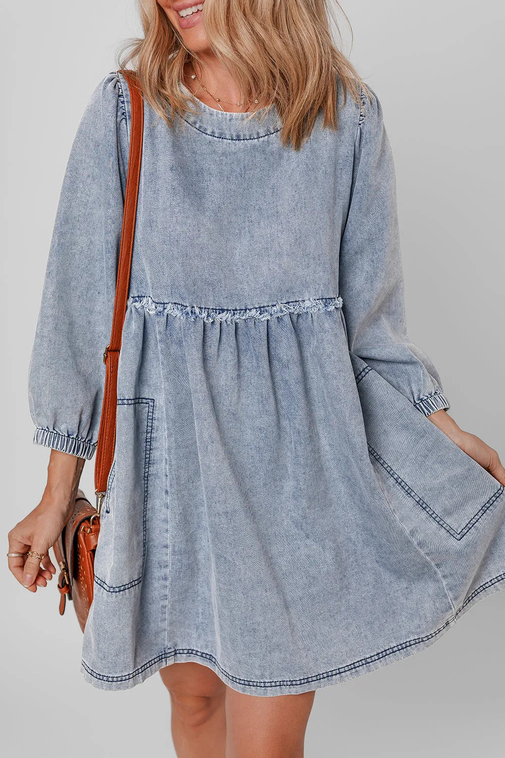 Beau Blue Light Wash High Waist Loose Fit Denim Mini Dress - Chic Meadow Boutique 