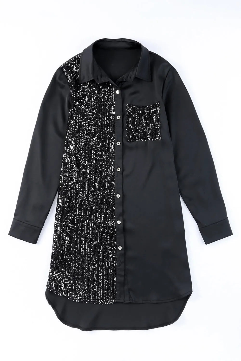 Black Sequin Splicing Pocket Buttoned Shirt Dress - Chic Meadow Boutique 