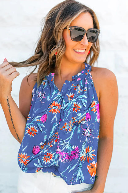 Sky Blue Floral Print Buttoned Neckline Tank Top - Chic Meadow Boutique 